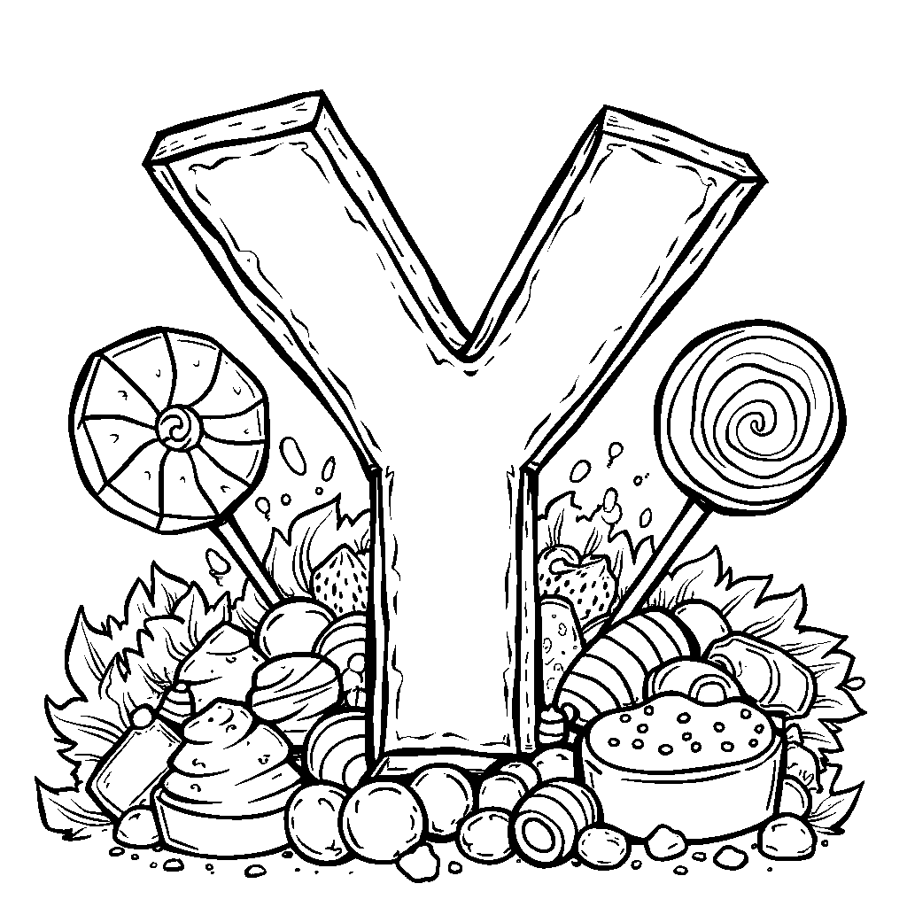 The letter Y made out of candy with a backdrop of sweets