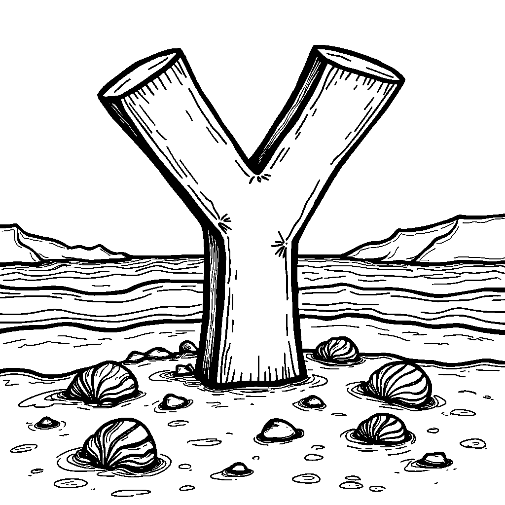 The letter Y on a beach with seashells and waves