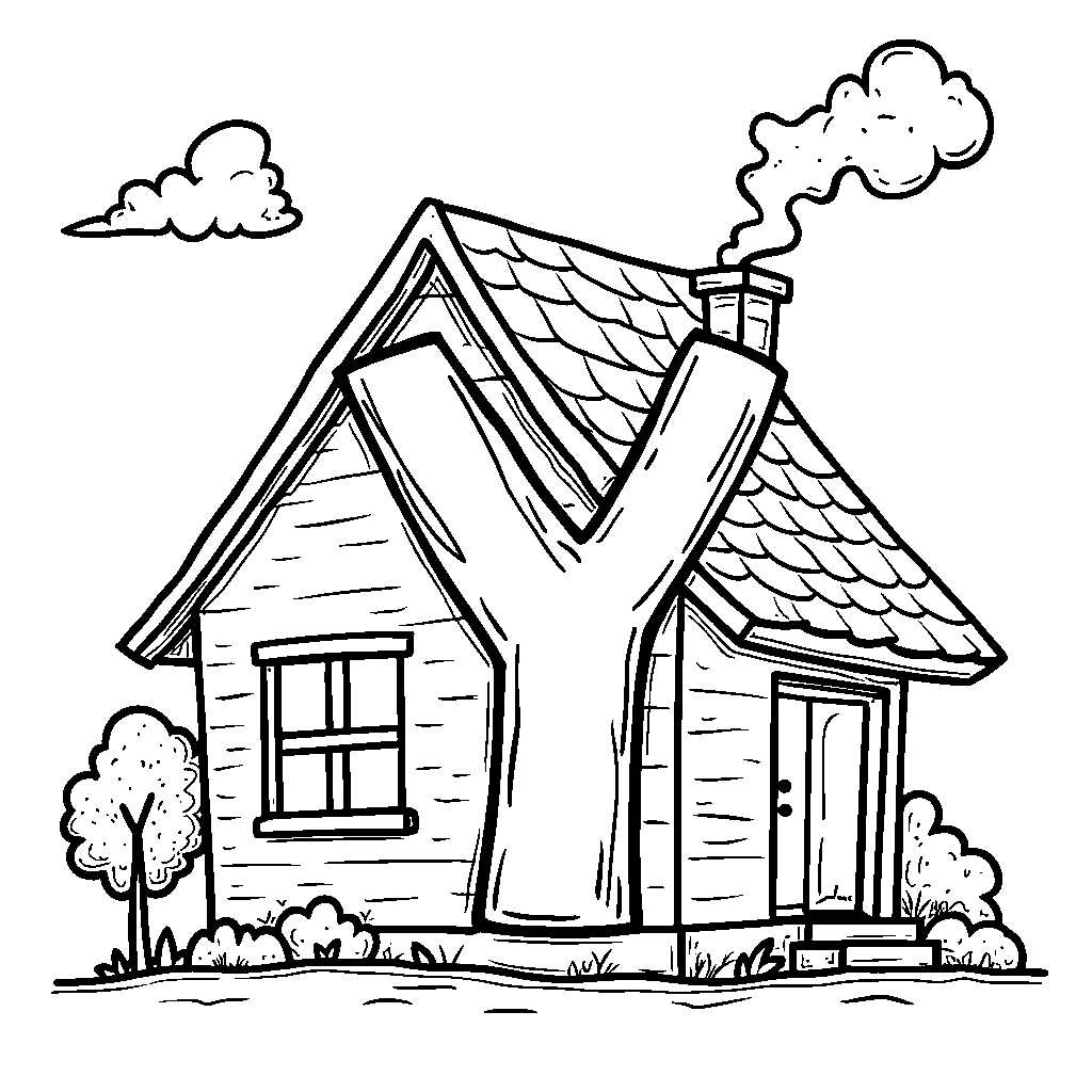 The letter Y shaped like a cozy house with smoke from the chimney