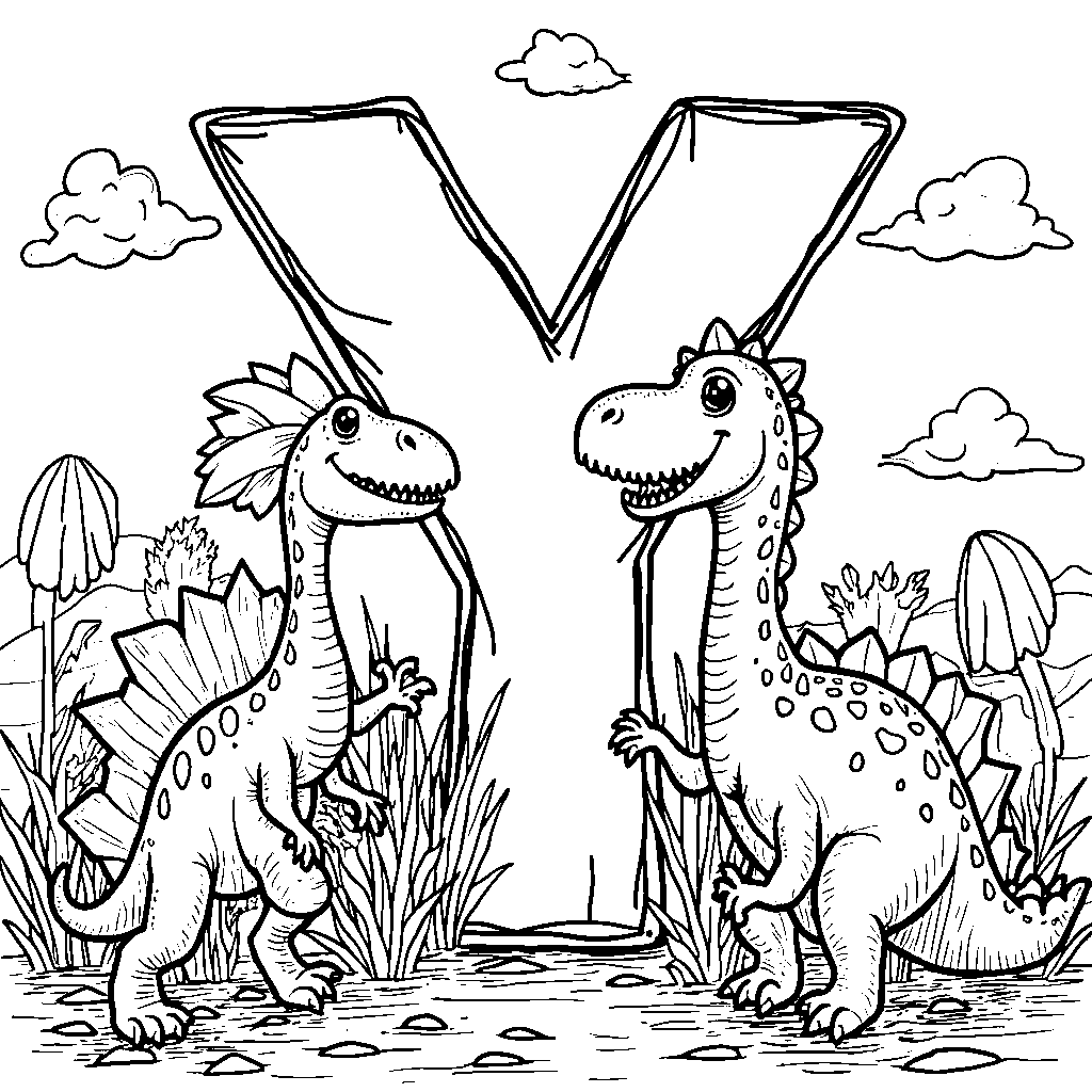 The letter Y surrounded by friendly dinosaurs