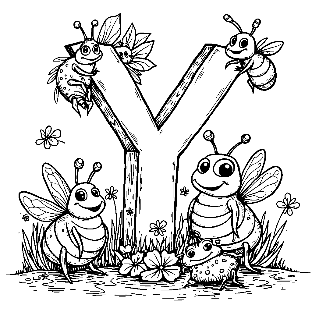 The letter Y surrounded by funny cartoon bugs