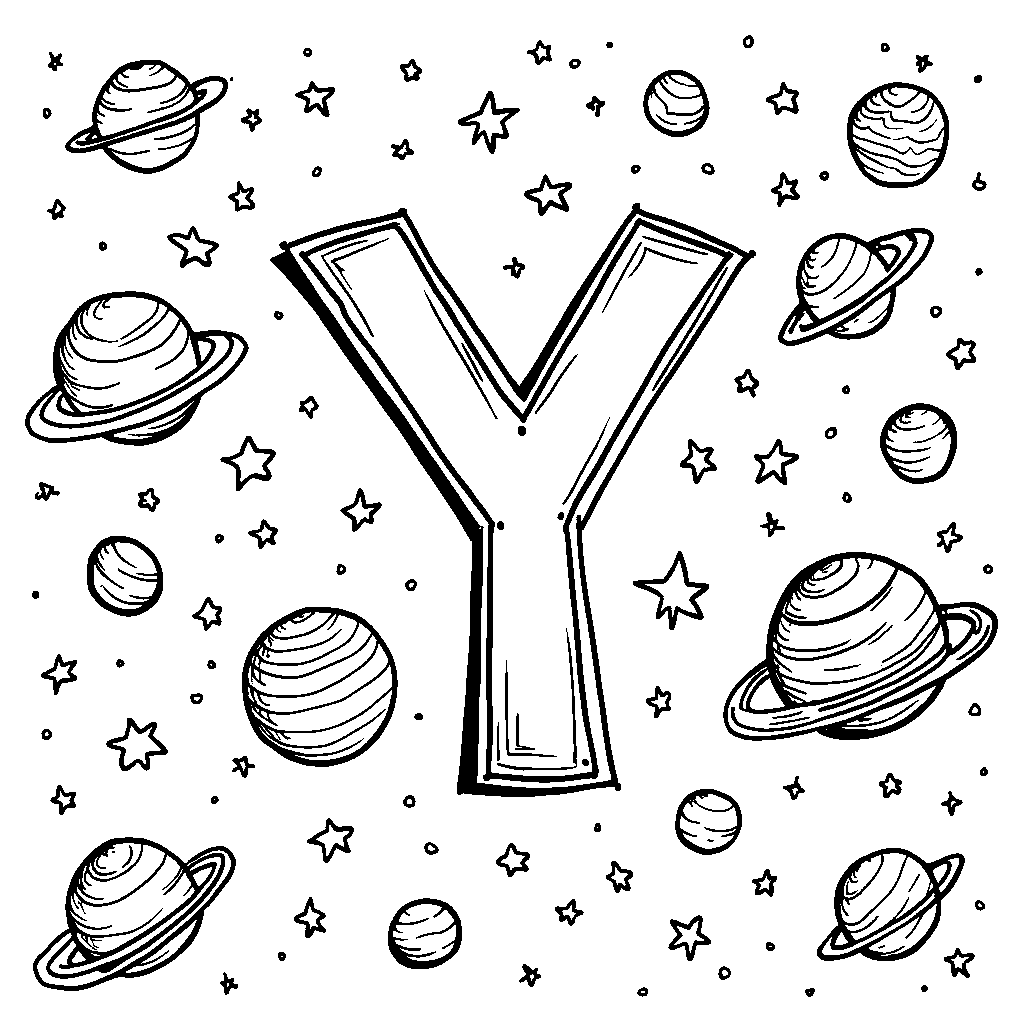 The letter Y surrounded by planets and stars in space