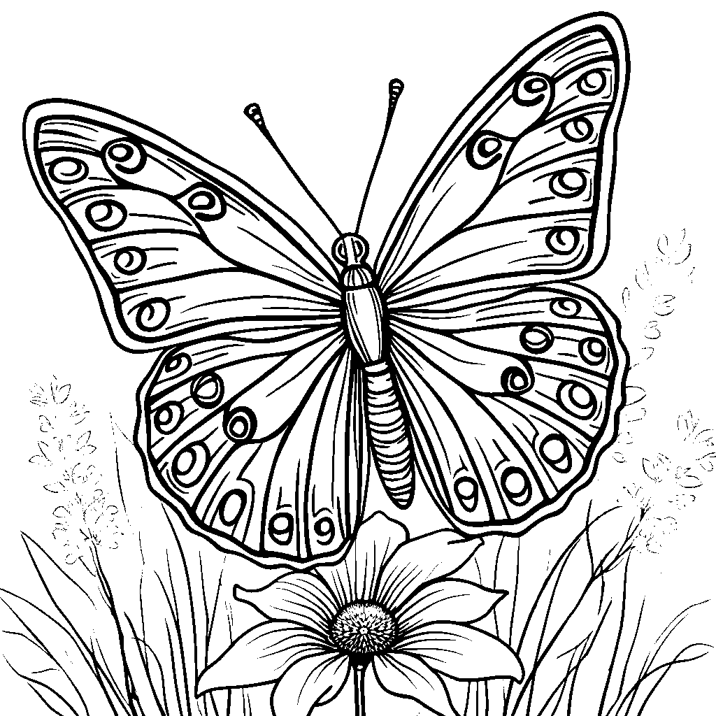 A zero-patterned butterfly perched on a flower