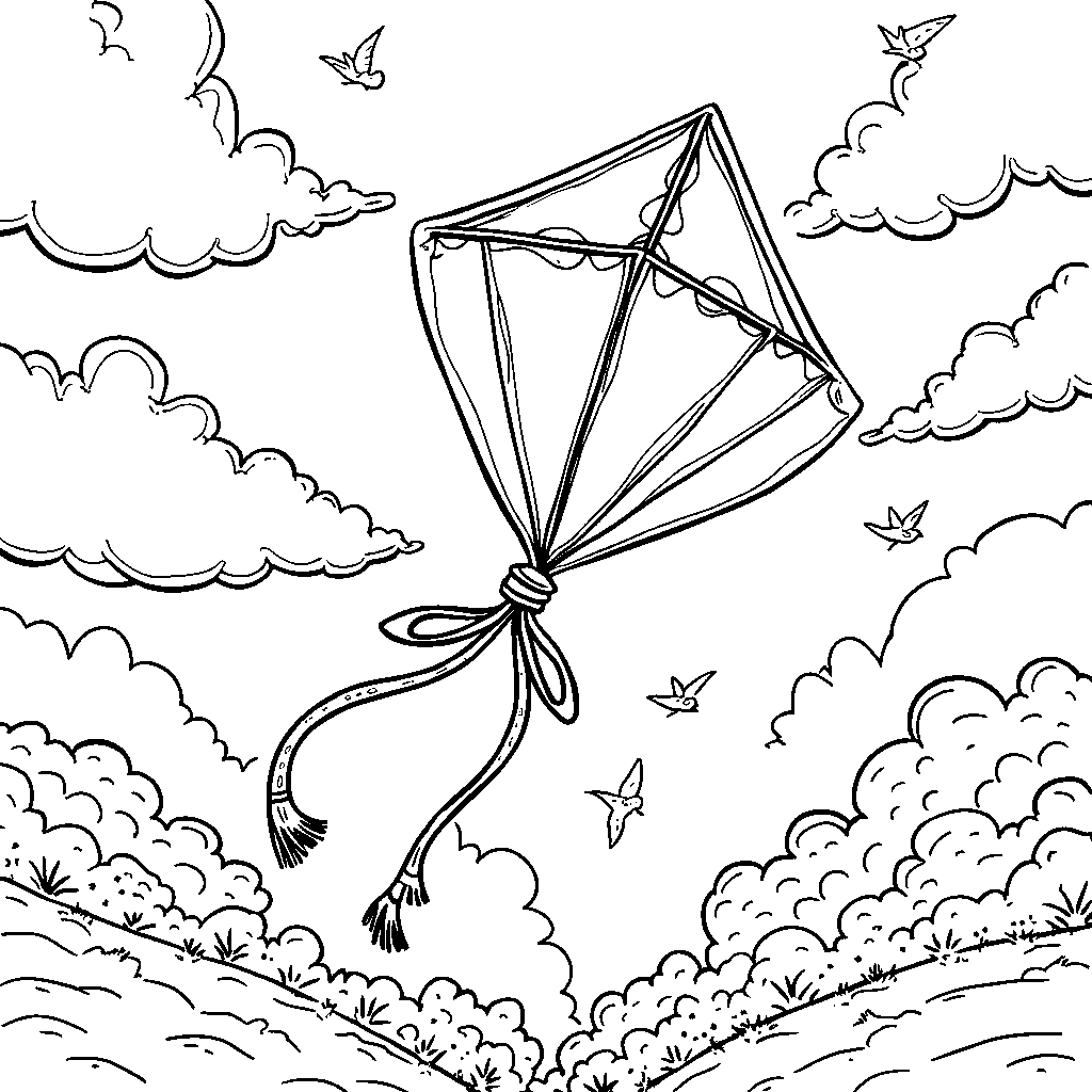 A zero-shaped kite flying high in the sky