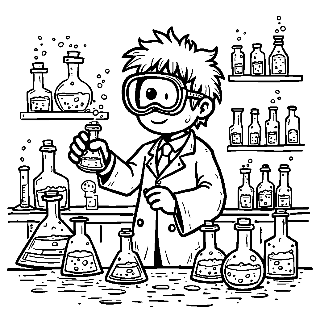 Zero as a scientist mixing colorful potions