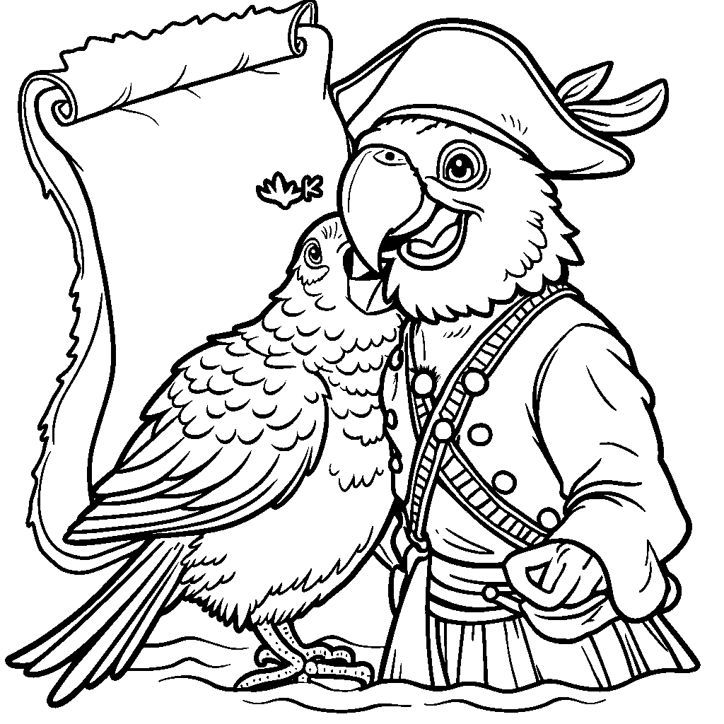 A zero-patterned parrot perched on a pirate's shoulder