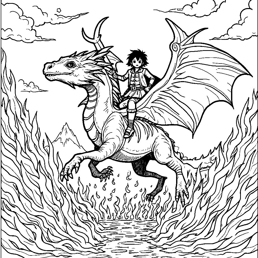 Zero riding a dragon through a fiery landscape